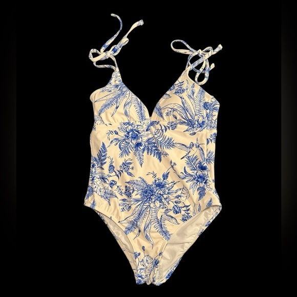 Kona Sol Other - NWT Kona Sol Womens One Piece Swimsuit M 8-10 Shoulder Tie Ivory Blue Floral